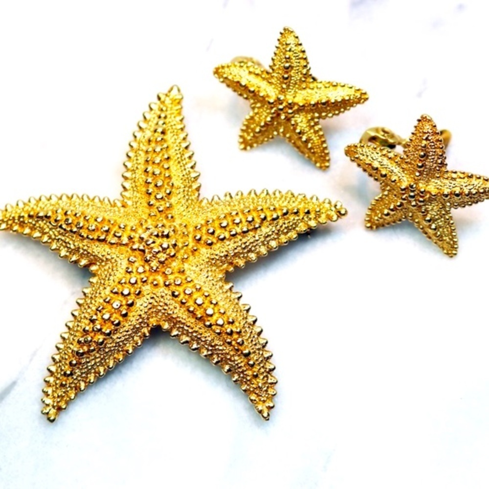 Vintage Monet Starfish Parure - Triple Gold Plated Clip-on Earrings & Brooch EUC - Picture 8 of 16